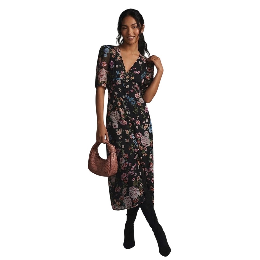 Maeve Anthropologie Floral Boho Chic Dark Whimsical Romantic Midi Dress Size 14P